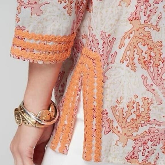 J. JILL Women's L Coral Reef Embroidered Tunic Top Linen Orange Cream Beachy - Picture 10 of 16